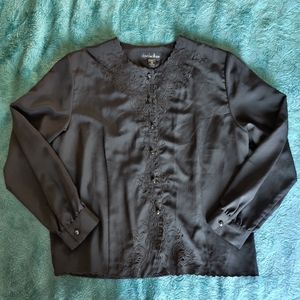VINTAGE Black Embroidered Button Up Blouse